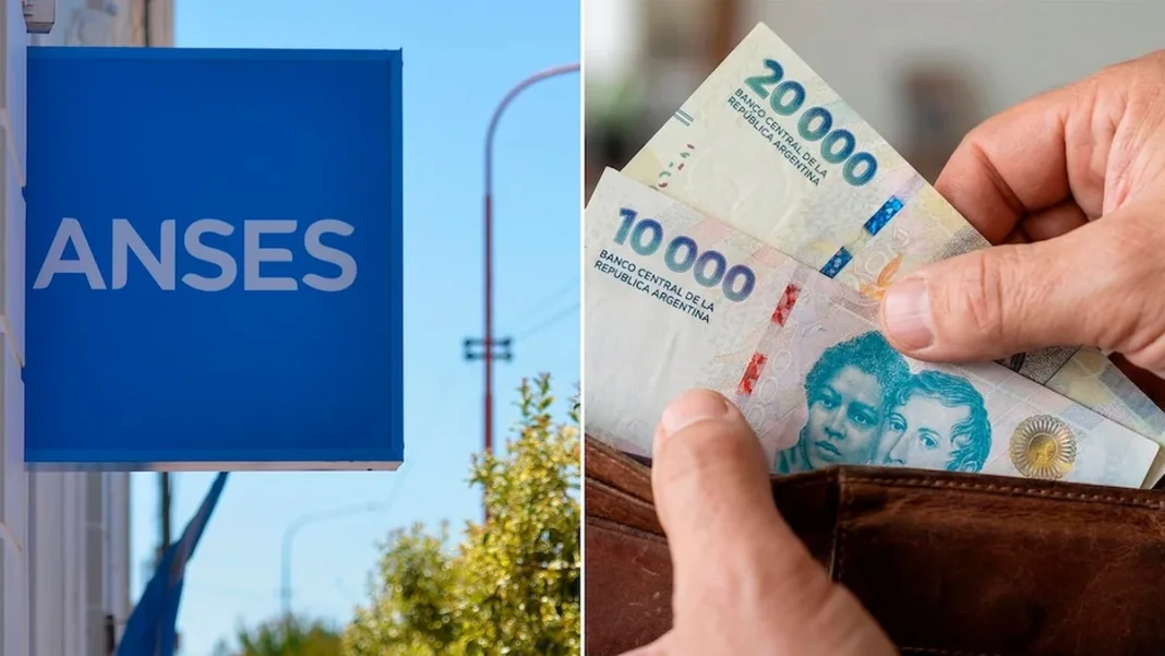 Cartel azul de ANSES junto a billetes argentinos sobre una billetera marrón