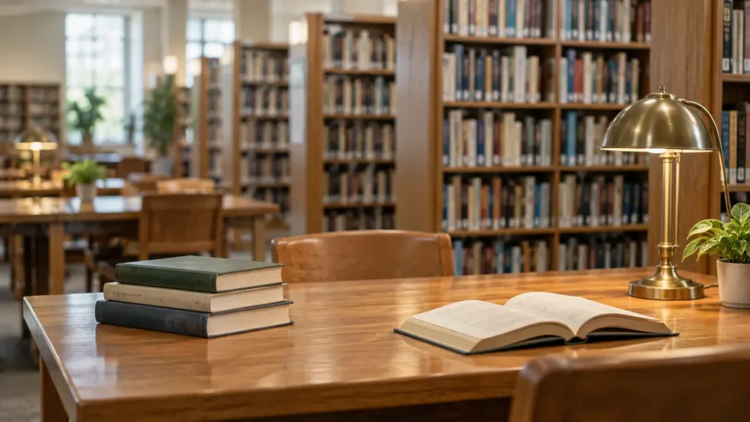 Ilustración editorial de una biblioteca vacía con estanterías, libros y una mesa de lectura.