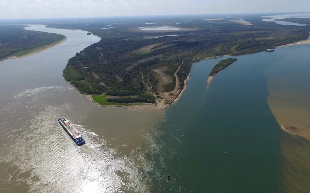 Vista aérea de un buque de carga que navega por un río entre áreas de vegetación.