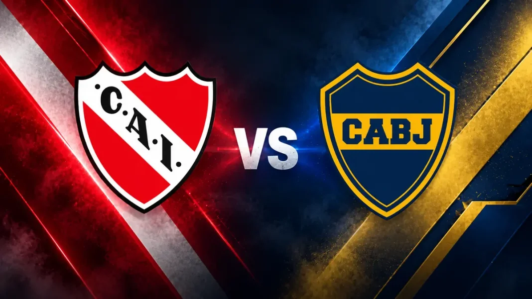 Escudos de Independiente y Boca Juniors con VS sobre un fondo geométrico rojo, azul y dorado.