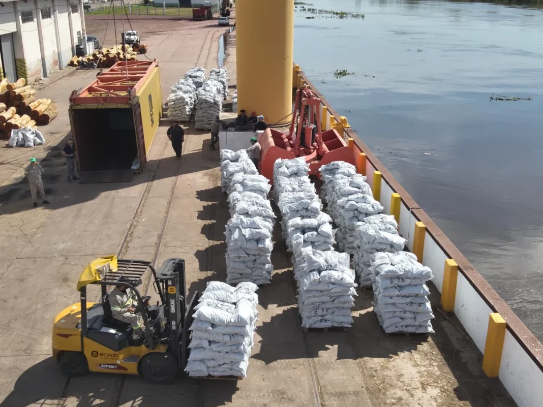 Bolsas de carbón apiladas en el Puerto de Barranqueras durante una operación de carga.